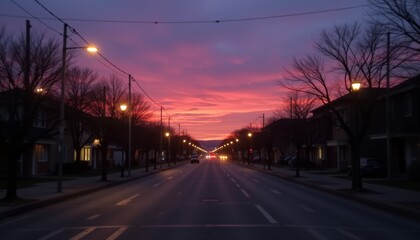 Fototapeta premium Suburban Street at Twilight with a Pinkish Sky