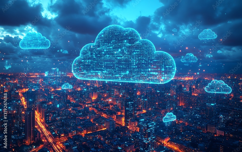 Poster digital cloud over a sprawling cityscape, symbolizing cloud computing and the power of data storage,