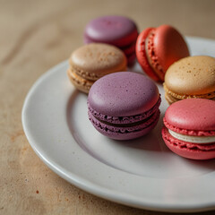 Delicious assorted macarons in vibrant pastel colors, elegantly arranged on a rustic wooden table with soft natural lighting, creating a perfect sweet treat for dessert lovers and café aesthetics
