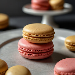 Delicious assorted macarons in vibrant pastel colors, elegantly arranged on a rustic wooden table with soft natural lighting, creating a perfect sweet treat for dessert lovers and café aesthetics
