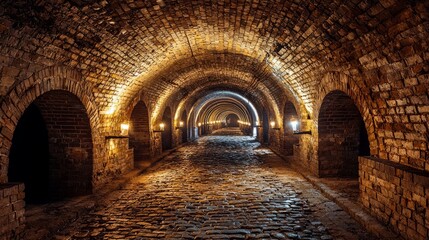 Fototapeta premium Atmospheric Underground Brick Tunnel with Warm Light and Stone Pathway