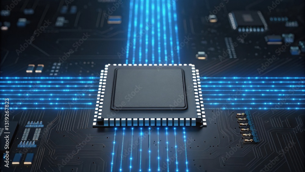 Poster llm large language models. futuristic microchip on a circuit board with glowing lines connecting com