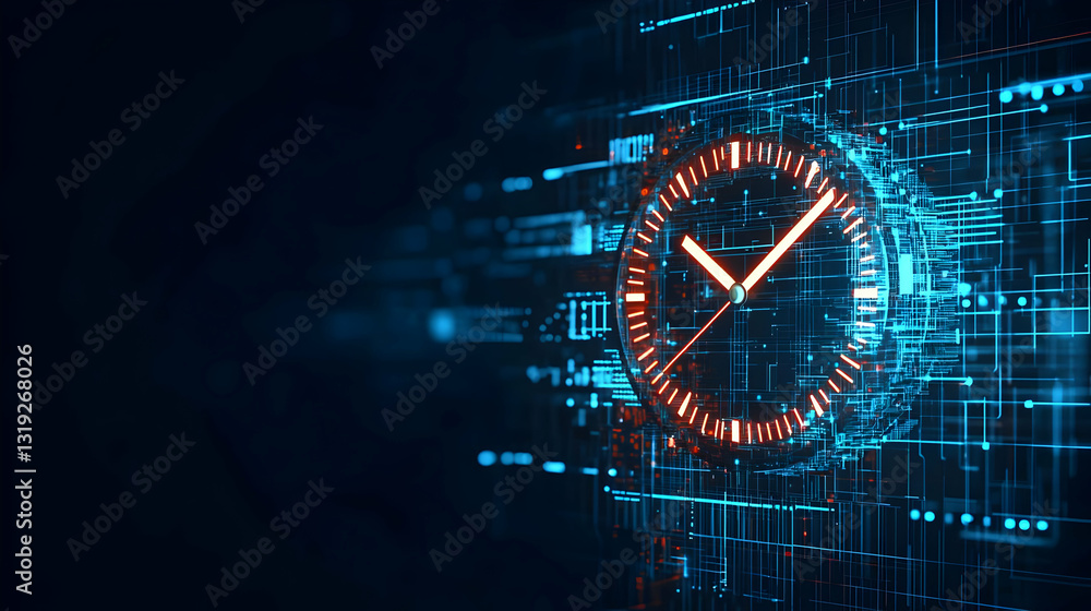 Poster abstract clock with orange and blue digital matrix background depicting time in technology and data