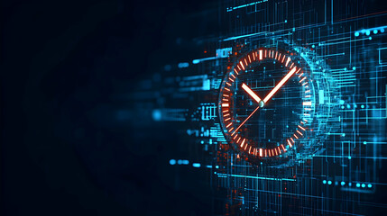 Abstract Clock With Orange And Blue Digital Matrix Background Depicting Time In Technology And Data