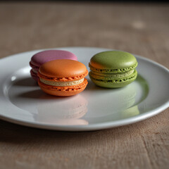 Delicious assorted macarons in vibrant pastel colors, elegantly arranged on a rustic wooden table with soft natural lighting, creating a perfect sweet treat for dessert lovers and café aesthetics