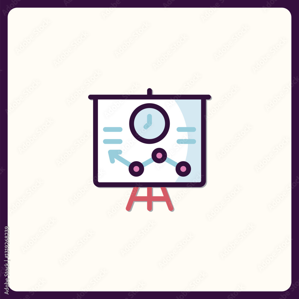 Poster presentation board icon with clock and graphic indicators for business use