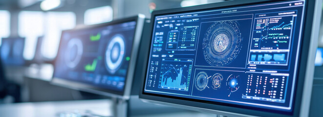 Obraz premium Futuristic control center with data analysis screens displaying information