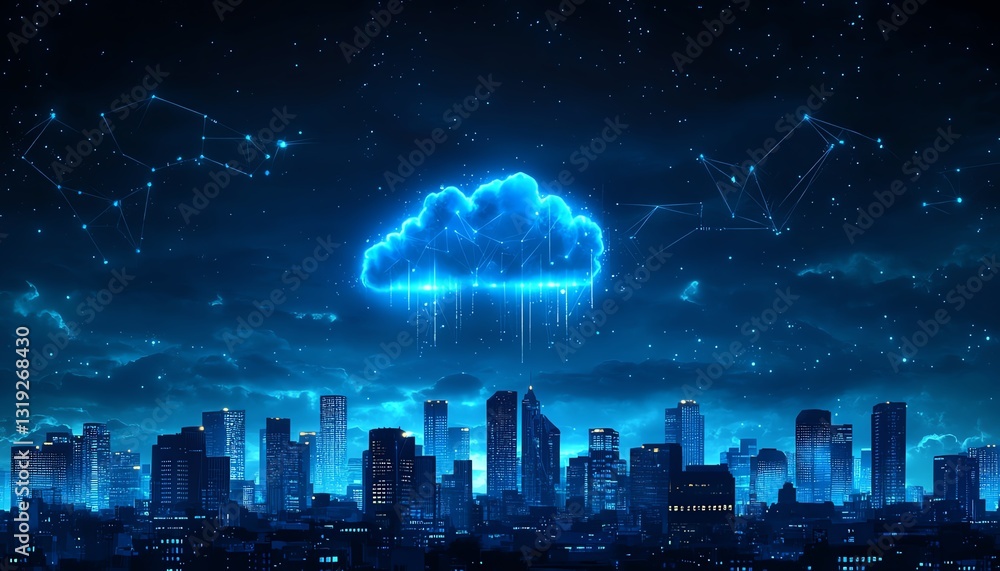 Poster futuristic cityscape with a digital cloud hovering above, illustrating cloud computing and data stor