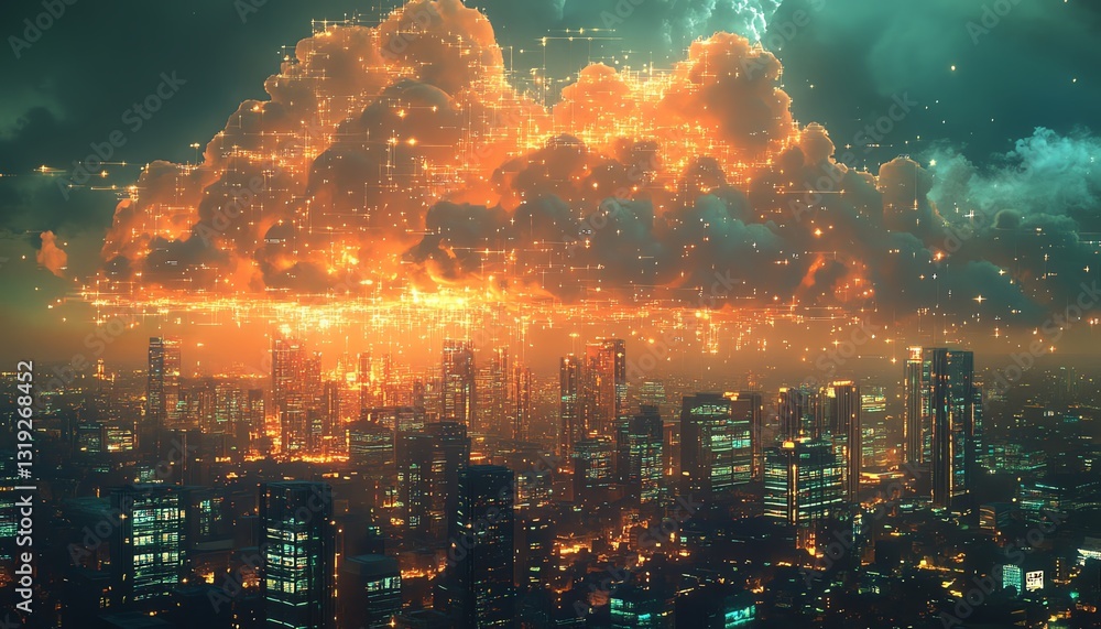 Aufkleber futuristic cityscape with a digital cloud hovering above, illustrating cloud computing and data stor