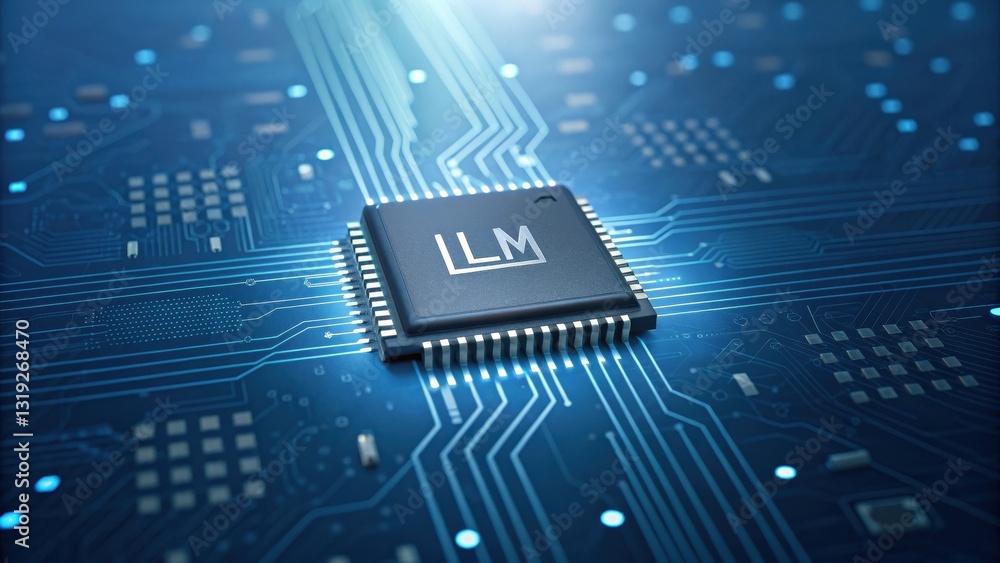 Poster llm large language models. microchip on a blue circuit board with glowing connections and patterns.