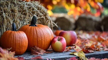 Autumn pumpkins and apples displayed next to golden hay bales