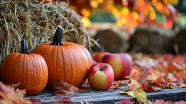 Autumn pumpkins and apples displayed next to golden hay bales