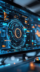 Fototapeta premium Futuristic control room displaying data on high tech monitor interface