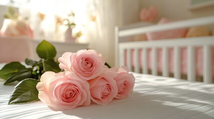Delicate Pink Roses White Bed