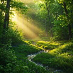 Obraz premium Sun-Kissed Forest Stream: Sunlight streams through the lush canopy of a verdant forest, illuminating a gentle stream meandering through a vibrant, flourishing undergrowth.