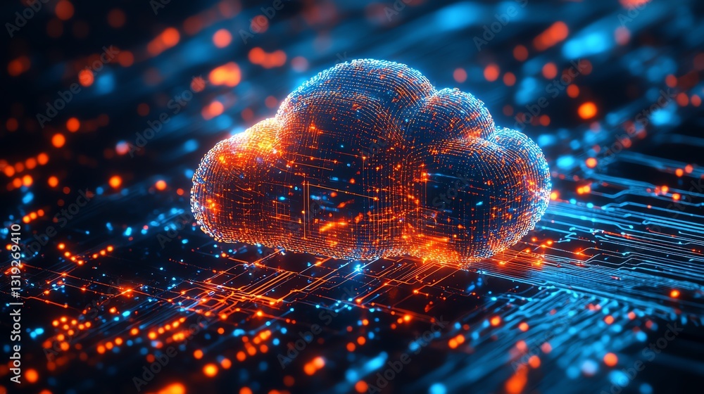 Poster digital cloud in a network setting, symbolizing api data flow, with glowing circuits and glowing lin