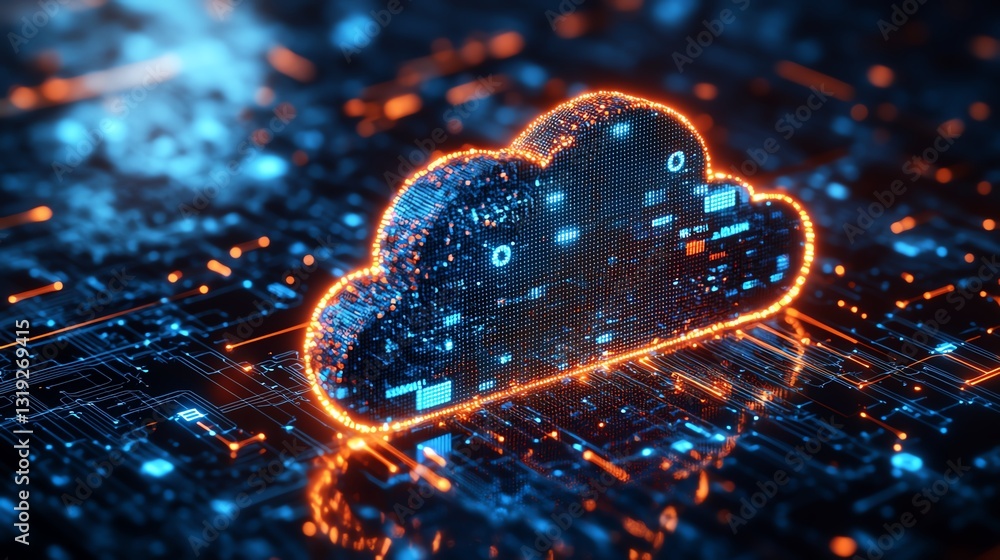 Poster digital cloud in a network setting, symbolizing api data flow, with glowing circuits and glowing lin