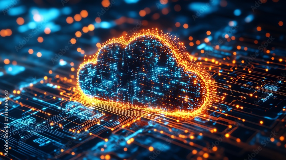 Poster digital cloud in a network setting, symbolizing api data flow, with glowing circuits and glowing lin