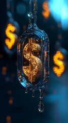 Golden Dollar Sign in Water Droplet Abstract Finance Concept