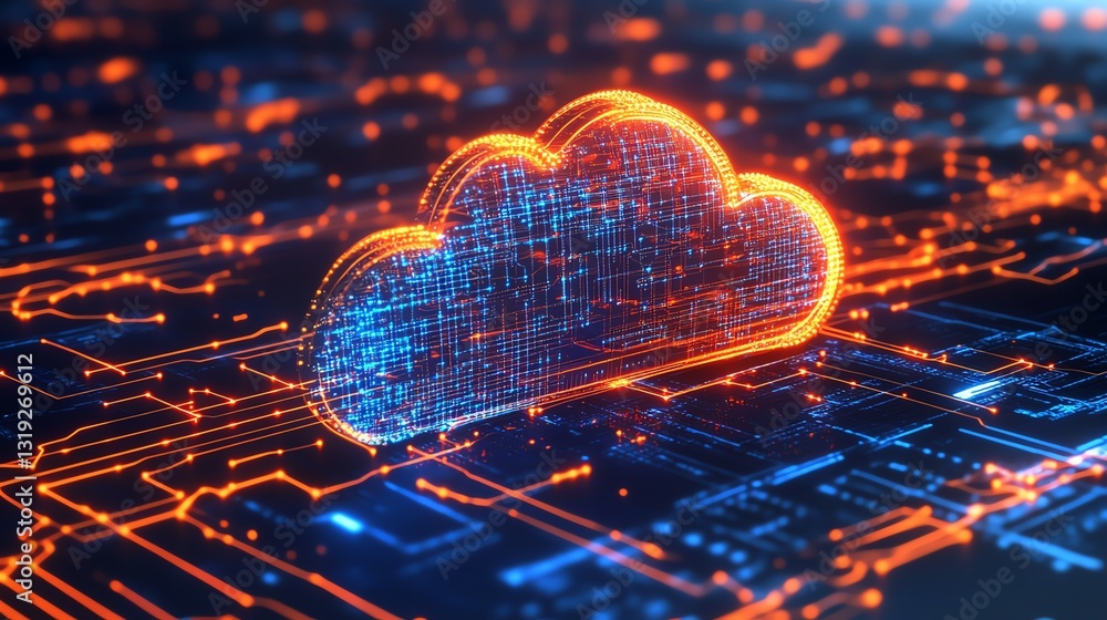 Poster digital cloud with glowing network circuits