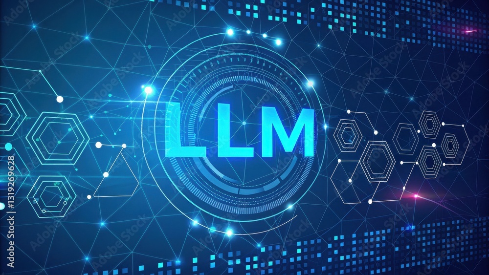 Poster llm large language models. digital background with glowing hexagons and the acronym llm prominently 