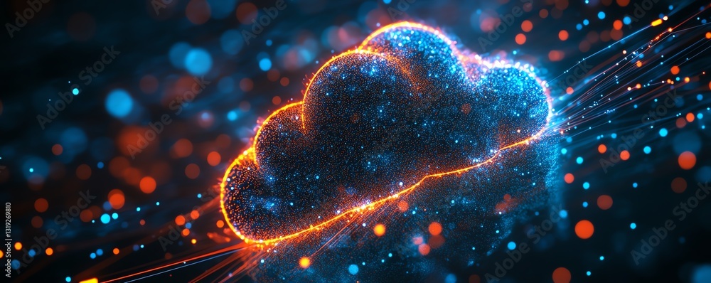 Poster futuristic digital cloud representing api data flow with glowing circuits