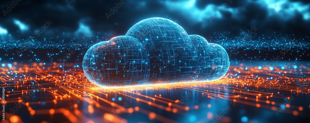 Poster futuristic digital cloud representing api data flow with glowing circuits