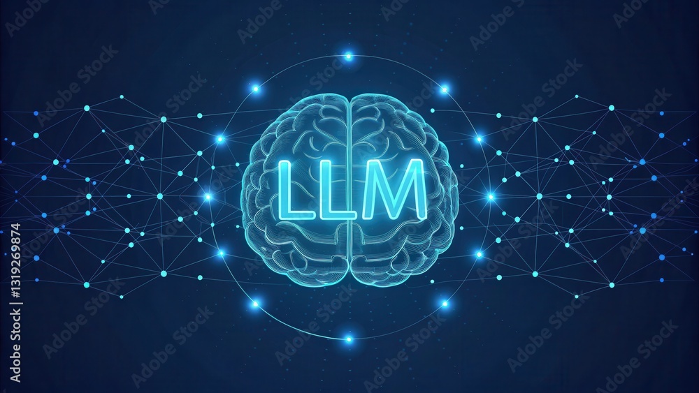 Poster llm large language models. digital brain graphic with glowing connections, featuring the letters 