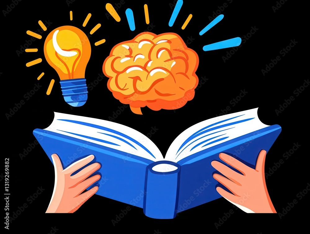 Poster hands holding an open book with a light bulb and brain above, symbolizing knowledge