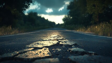 A Cracked Asphalt Road Stretching Towards A Sun-drenched Horizon, Promising Adventure And A Journey Into The Unknown With A Blurred Background And Warm Sunset Hues