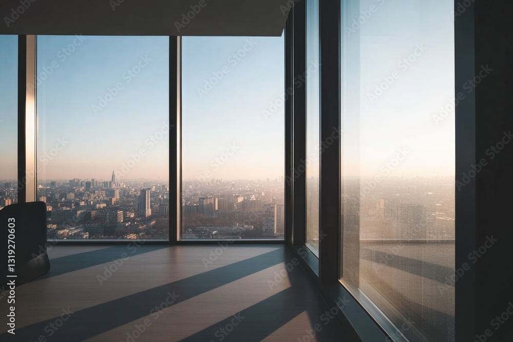 Poster expansive panoramic window view in modern urban setting showcasing cityscape with skyline and archit