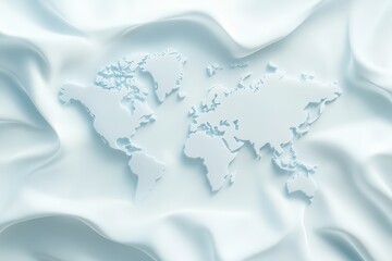 Elegant 3D World Map on Soft Blue Fabric, Global Business Concept