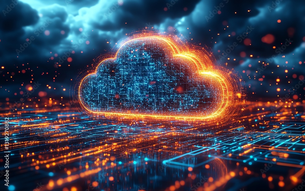 Poster a digital cloud with glowing circuits over a network, illustrating api data flow and highspeed infor
