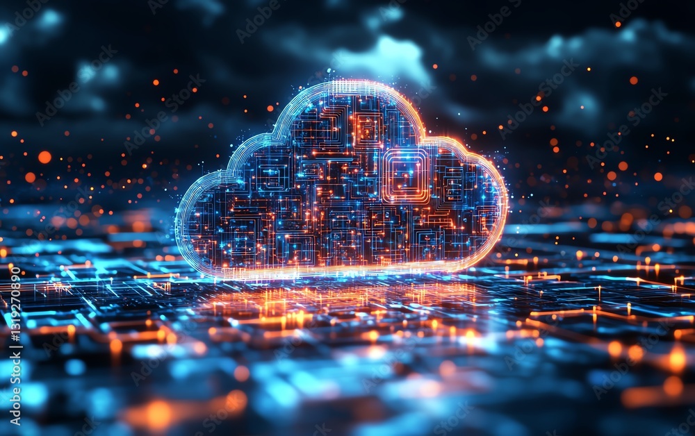 Poster a digital cloud with glowing circuits over a network, illustrating api data flow and highspeed infor