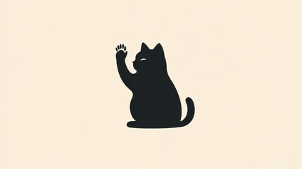 Cute black cat silhouette raising paw, simple, aesthetic, background, digital art, print, social media