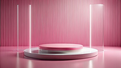 Pink pedestal, minimalist design; clear glass backdrop; perfect for panoramic product shots.