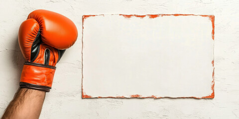 Equipment background, Boxing glove next to a blank frame for creative use.