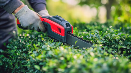 Fototapeta premium Person carefully trims hedges with an electric hedge trimmer in a well-maintained garden under clear daylight conditions