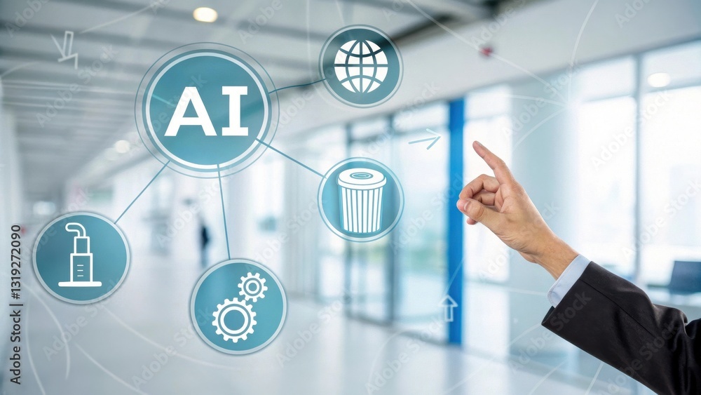 Poster llm large language models. digital interface showcasing ai concepts with a hand pointing in a modern