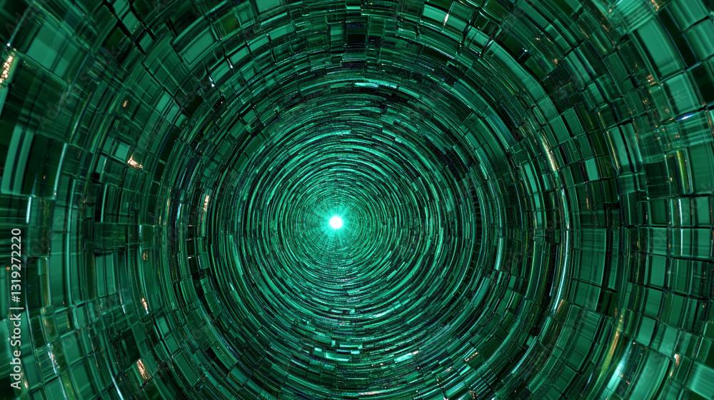 Poster Abstract image of a green, circular tunnel, composed of numerous rectangular blocks, creating a depth effect and a sense of movement or progression