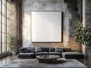 Modern loft interior with large blank canvas, sectional sofa, and plants.
