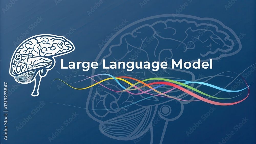 Poster llm large language models. large language model concept with brain graphics and colorful wave elemen