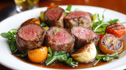 Delicious grilled steak medallions with roasted vegetables