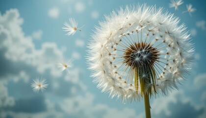 Obraz premium Dandelion, with its airy seeds wafting through the air, carries unlimited potential for new beginnings and the promise of a brighter future.