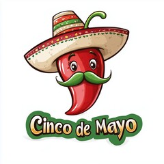 a cute chili pepper wearing a sombrero and mustache, text  Cinco de Mayo on a white background