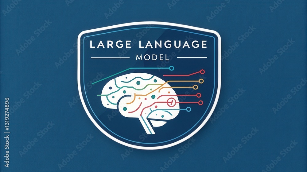Poster llm large language models. logo featuring a brain, circuits, and text about a large language model.