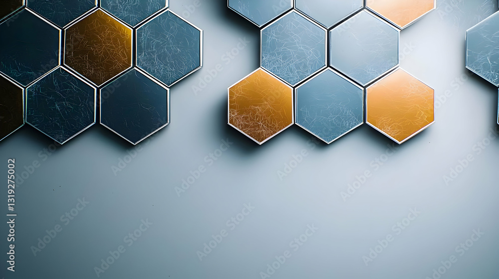 Poster abstract background with metallic silver and gold hexagonal tiles on a smooth grey surface with subt