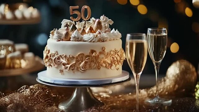 Cake with the number 50 on it is placed on a silver cake stand with wine around, concept birthday party