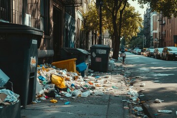 Fototapeta premium Overflowing trash bins on city street in overcast weather. Neural network AI generated