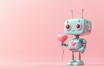 Cute robot holding a heart shaped balloon on pink background